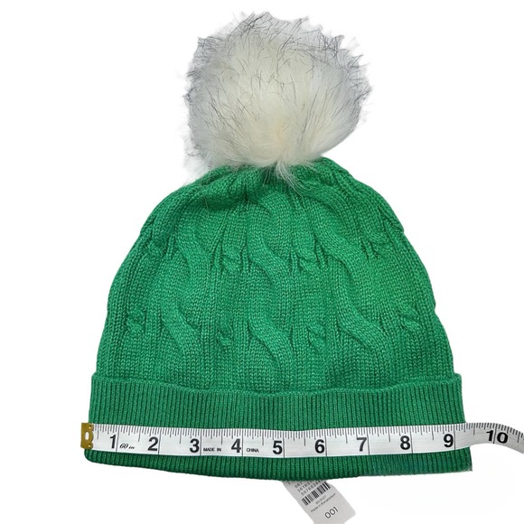 Talbots | Women | Solid Green Cable Knit Pom Pom Beanie Hat One Size - Picture 8 of 8